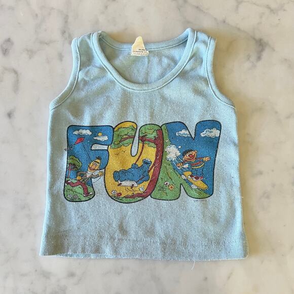 Vintage 80s Toddler's Sesame Street FUN Ribbed Light Blue Tank Top - Picture 1 of 9